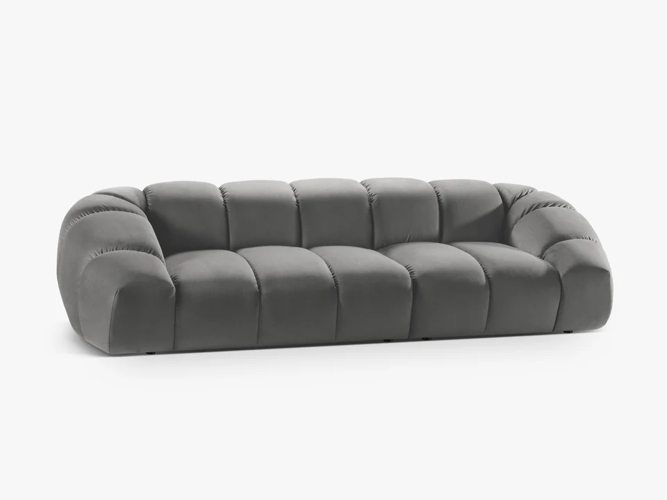 SOFA 4-osobowa Diana o zaoblonych kształtach, pionowe przeszycia, szara tkanina, designerski styl, piękna