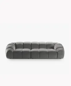 SOFA 4-osobowa Diana o zaoblonych kształtach, pionowe przeszycia, szara tkanina, designerski styl