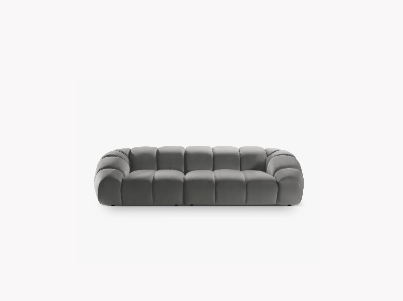 SOFA 4-osobowa Diana o zaoblonych kształtach, pionowe przeszycia, szara tkanina, designerski styl