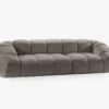 SOFA 4-osobowa Diana o zaoblonych kształtach, pionowe przeszycia, szarobrązowa tkanina, designerski styl, piękna