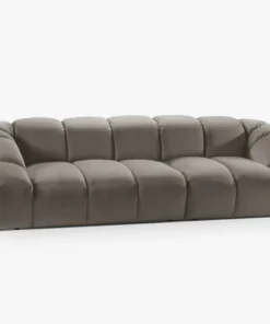 SOFA 4-osobowa Diana o zaoblonych kształtach, pionowe przeszycia, szarobrązowa tkanina, designerski styl, piękna