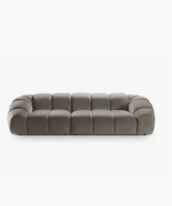 SOFA 4-osobowa Diana o zaoblonych kształtach, pionowe przeszycia, szarobrązowa tkanina, designerski styl