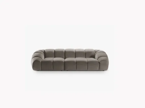 SOFA 4-osobowa Diana o zaoblonych kształtach, pionowe przeszycia, szarobrązowa tkanina, designerski styl