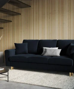 SOFA Kyoto z funkcją spania, ciemnoniebieska tapicerka, metalowe nogi, nowoczesny styl, piękna