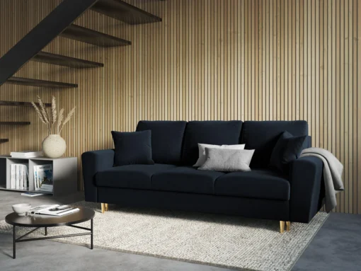 SOFA Kyoto z funkcją spania, ciemnoniebieska tapicerka, metalowe nogi, nowoczesny styl, piękna