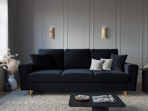 SOFA Kyoto z funkcją spania, ciemnoniebieska tapicerka, metalowe nogi, nowoczesny styl, stylowa
