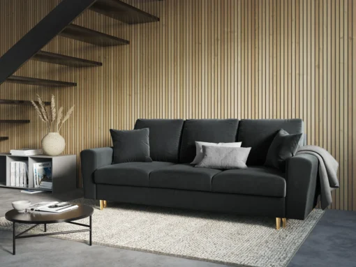 SOFA Kyoto z funkcją spania, ciemnoszara tapicerka, metalowe nogi, nowoczesny styl, piękna