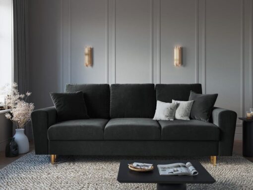 SOFA Kyoto z funkcją spania, ciemnoszara tapicerka, metalowe nogi, nowoczesny styl, premium