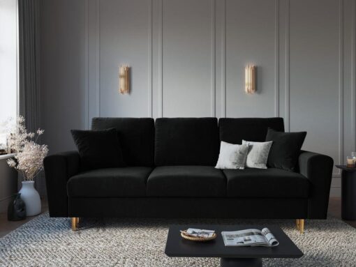 SOFA Kyoto z funkcją spania, czarna tapicerka, metalowe nogi, nowoczesny styl, wyrafinowana