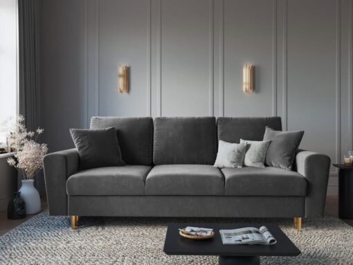 SOFA Kyoto z funkcją spania, jasnoszara tapicerka, metalowe nogi, nowoczesny styl, ekskluzywna