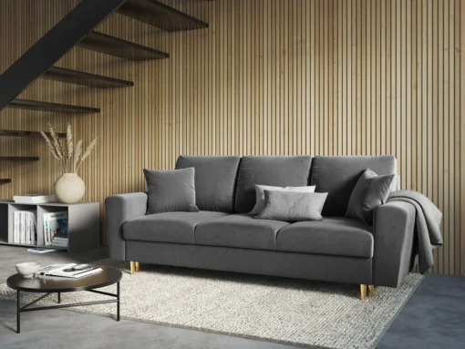 SOFA Kyoto z funkcją spania, jasnoszara tapicerka, metalowe nogi, nowoczesny styl, piękna
