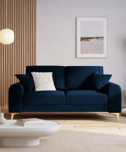 SOFA MADARA 2-osobowa na metalowych nogach, ciemnoniebieska aksamitna tapicerka, nowoczesny styl, piękna