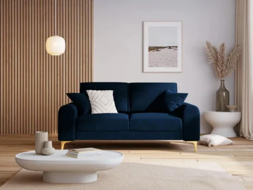 SOFA MADARA 2-osobowa na metalowych nogach, ciemnoniebieska aksamitna tapicerka, nowoczesny styl, piękna