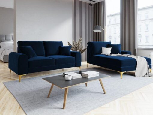 SOFA MADARA 2-osobowa na metalowych nogach, ciemnoniebieska aksamitna tapicerka, nowoczesny styl, premium