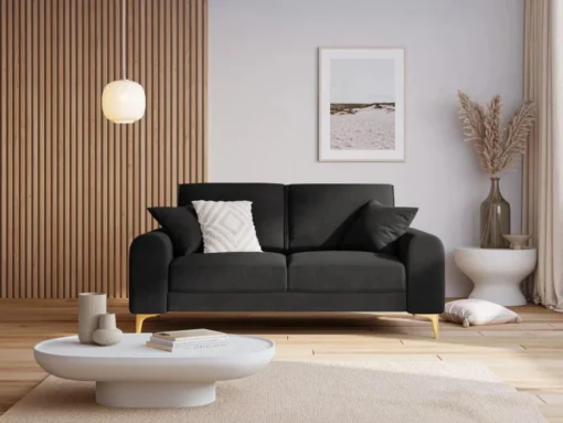 SOFA MADARA 2-osobowa na metalowych nogach, ciemnoszara aksamitna tapicerka, nowoczesny styl, piękna