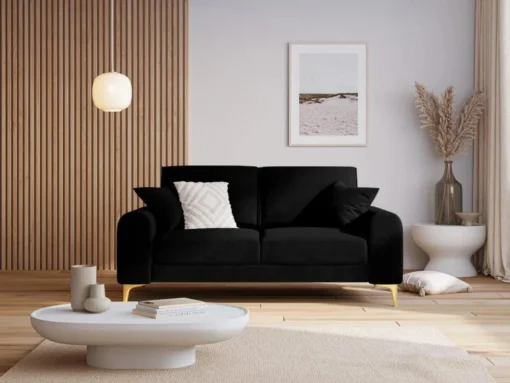 SOFA MADARA 2-osobowa na metalowych nogach, czarna aksamitna tapicerka, nowoczesny styl, piękna
