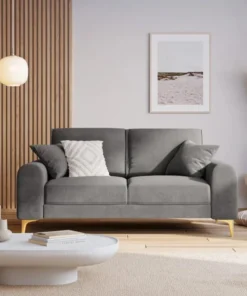 SOFA MADARA 2-osobowa na metalowych nogach, szara aksamitna tapicerka, nowoczesny styl, piękna