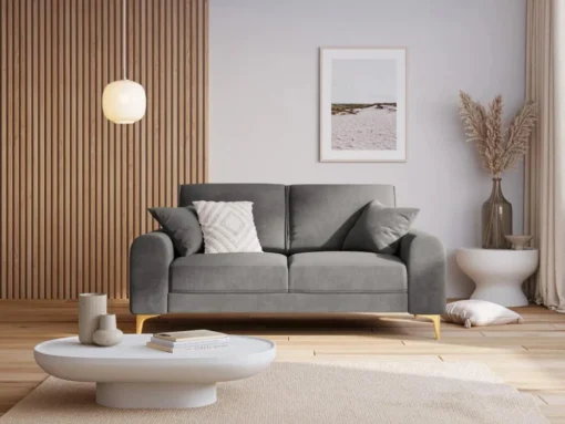 SOFA MADARA 2-osobowa na metalowych nogach, szara aksamitna tapicerka, nowoczesny styl, piękna