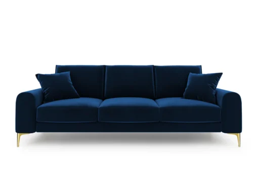 SOFA MADARA 3-osobowa na metalowych nogach, ciemnoniebieska aksamitna tapicerka, nowoczesny styl, ekskluzywna