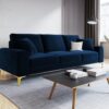SOFA MADARA 3-osobowa na metalowych nogach, ciemnoniebieska aksamitna tapicerka, nowoczesny styl, piękna