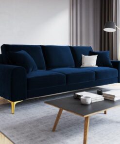 SOFA MADARA 3-osobowa na metalowych nogach, ciemnoniebieska aksamitna tapicerka, nowoczesny styl, piękna