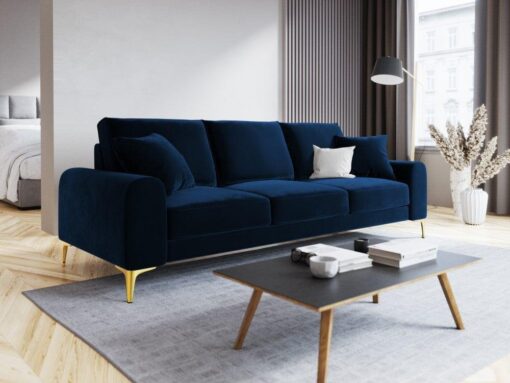 SOFA MADARA 3-osobowa na metalowych nogach, ciemnoniebieska aksamitna tapicerka, nowoczesny styl, piękna
