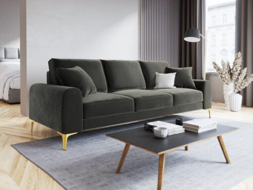 SOFA MADARA 3-osobowa na metalowych nogach, ciemnoszara aksamitna tapicerka, nowoczesny styl, piękna