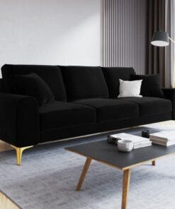 SOFA MADARA 3-osobowa na metalowych nogach, czarna aksamitna tapicerka, nowoczesny styl, piękna