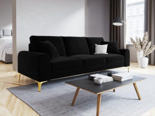 SOFA MADARA 3-osobowa na metalowych nogach, czarna aksamitna tapicerka, nowoczesny styl, piękna