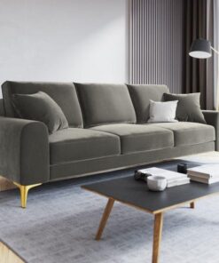 SOFA MADARA 3-osobowa na metalowych nogach, szara aksamitna tapicerka, nowoczesny styl, piękna