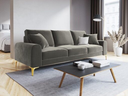 SOFA MADARA 3-osobowa na metalowych nogach, szara aksamitna tapicerka, nowoczesny styl, piękna