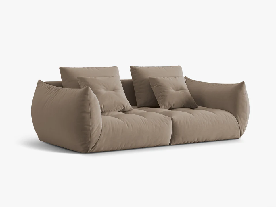 SOFA MODUŁOWA Bloom 3-osobowa o designerskim stylu, zaoblone kształty, przeszycia na siedzisku, jasnobrązowa tapicerka, piękna