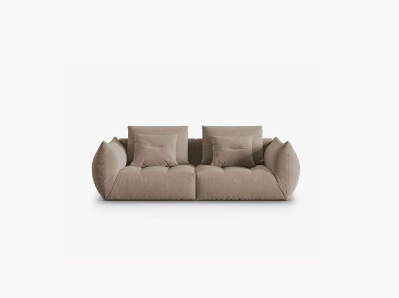 SOFA MODUŁOWA Bloom 3-osobowa o designerskim stylu, zaoblone kształty, przeszycia na siedzisku, jasnobrązowa tapicerka