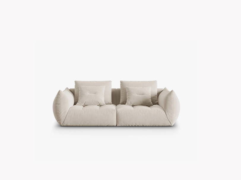 SOFA MODUŁOWA Bloom 3-osobowa o designerskim stylu, zaoblone kształty, przeszycia na siedzisku, tapicerka ecru