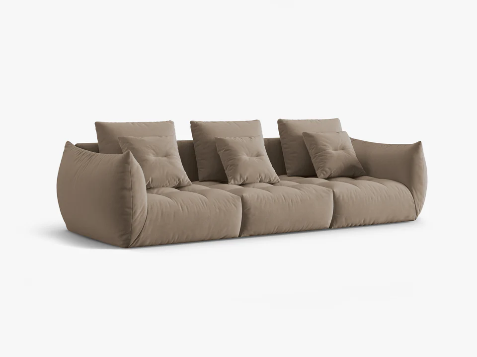 SOFA MODUŁOWA Bloom 4-osobowa o designerskim stylu, zaoblone kształty, przeszycia na siedzisku, jasnobrązowa tapicerka, piękna SOFA MODUŁOWA Bloom 4-osobowa o designerskim stylu, zaoblone kształty, przeszycia na siedzisku, jasnobrązowa tapicerka, piękna