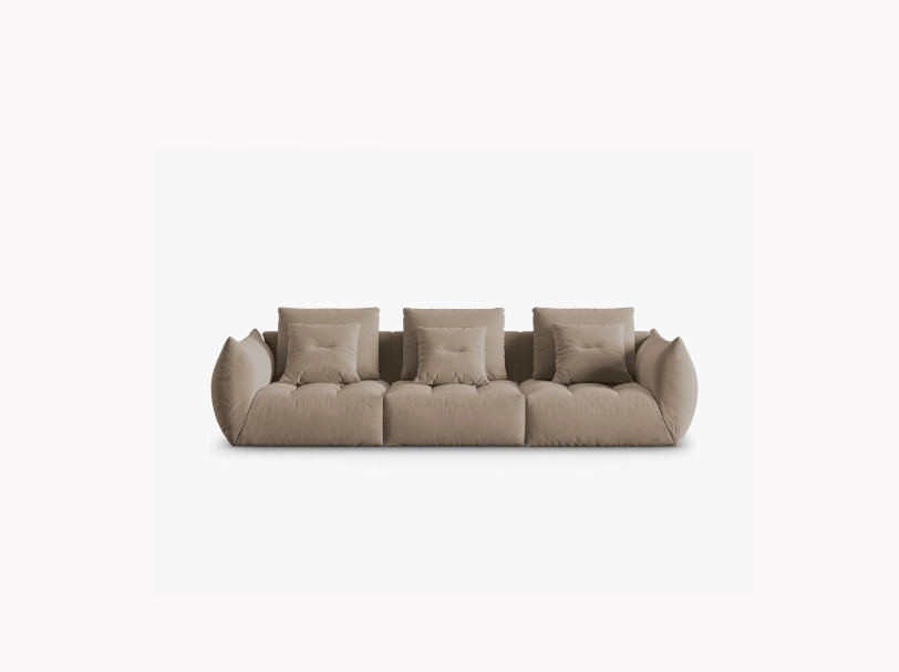 SOFA MODUŁOWA Bloom 4-osobowa o designerskim stylu, zaoblone kształty, przeszycia na siedzisku, jasnobrązowa tapicerka SOFA MODUŁOWA Bloom 4-osobowa o designerskim stylu, zaoblone kształty, przeszycia na siedzisku, jasnobrązowa tapicerka