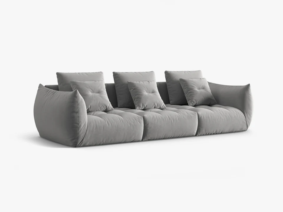 SOFA MODUŁOWA Bloom 4-osobowa o designerskim stylu, zaoblone kształty, przeszycia na siedzisku, szara tapicerka, piękna