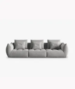 SOFA MODUŁOWA Bloom 4-osobowa o designerskim stylu, zaoblone kształty, przeszycia na siedzisku, szara tapicerka