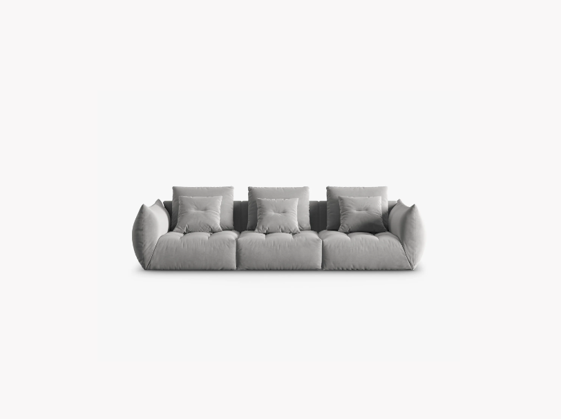 SOFA MODUŁOWA Bloom 4-osobowa o designerskim stylu, zaoblone kształty, przeszycia na siedzisku, szara tapicerka