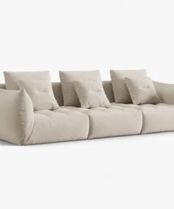 SOFA MODUŁOWA Bloom 4-osobowa o designerskim stylu, zaoblone kształty, przeszycia na siedzisku, tapicerka ecru, piękna