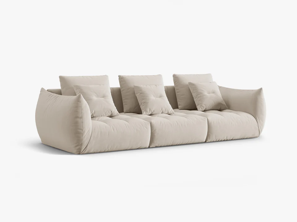 SOFA MODUŁOWA Bloom 4-osobowa o designerskim stylu, zaoblone kształty, przeszycia na siedzisku, tapicerka ecru, piękna SOFA MODUŁOWA Bloom 4-osobowa o designerskim stylu, zaoblone kształty, przeszycia na siedzisku, tapicerka ecru, piękna
