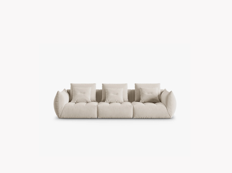 SOFA MODUŁOWA Bloom 4-osobowa o designerskim stylu, zaoblone kształty, przeszycia na siedzisku, tapicerka ecru SOFA MODUŁOWA Bloom 4-osobowa o designerskim stylu, zaoblone kształty, przeszycia na siedzisku, tapicerka ecru