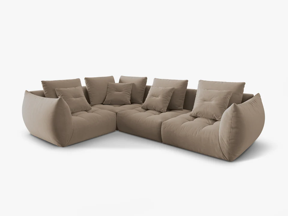 SOFA MODUŁOWA Narożna Bloom o zaoblonych kształtach, jasnobrązowa tapicerka, designerski styl - 316 cm, piękna SOFA MODUŁOWA Narożna Bloom o zaoblonych kształtach, jasnobrązowa tapicerka, designerski styl - 316 cm, piękna