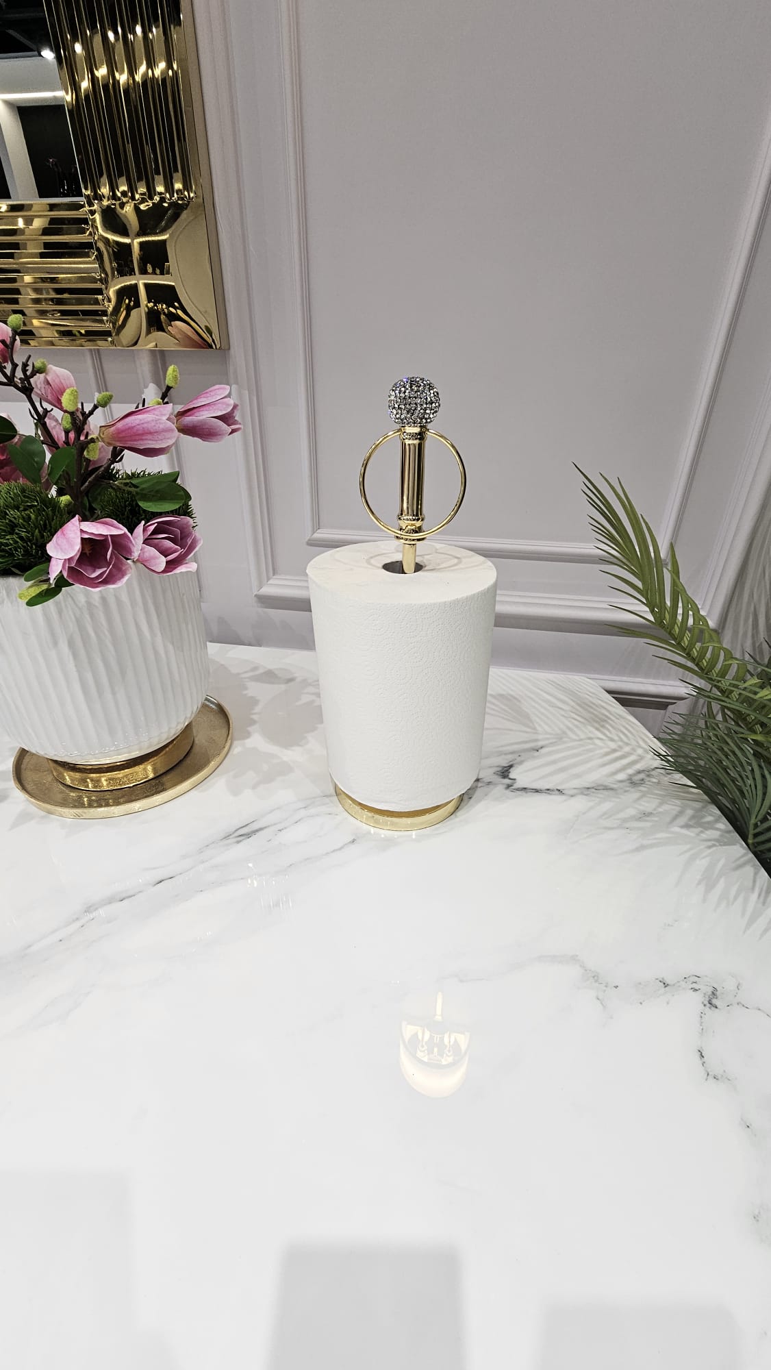 STOJAK NA RĘCZNIK PAPIEROWY złoty, z kryształową kulą, styl glamour, ekskluzywny
