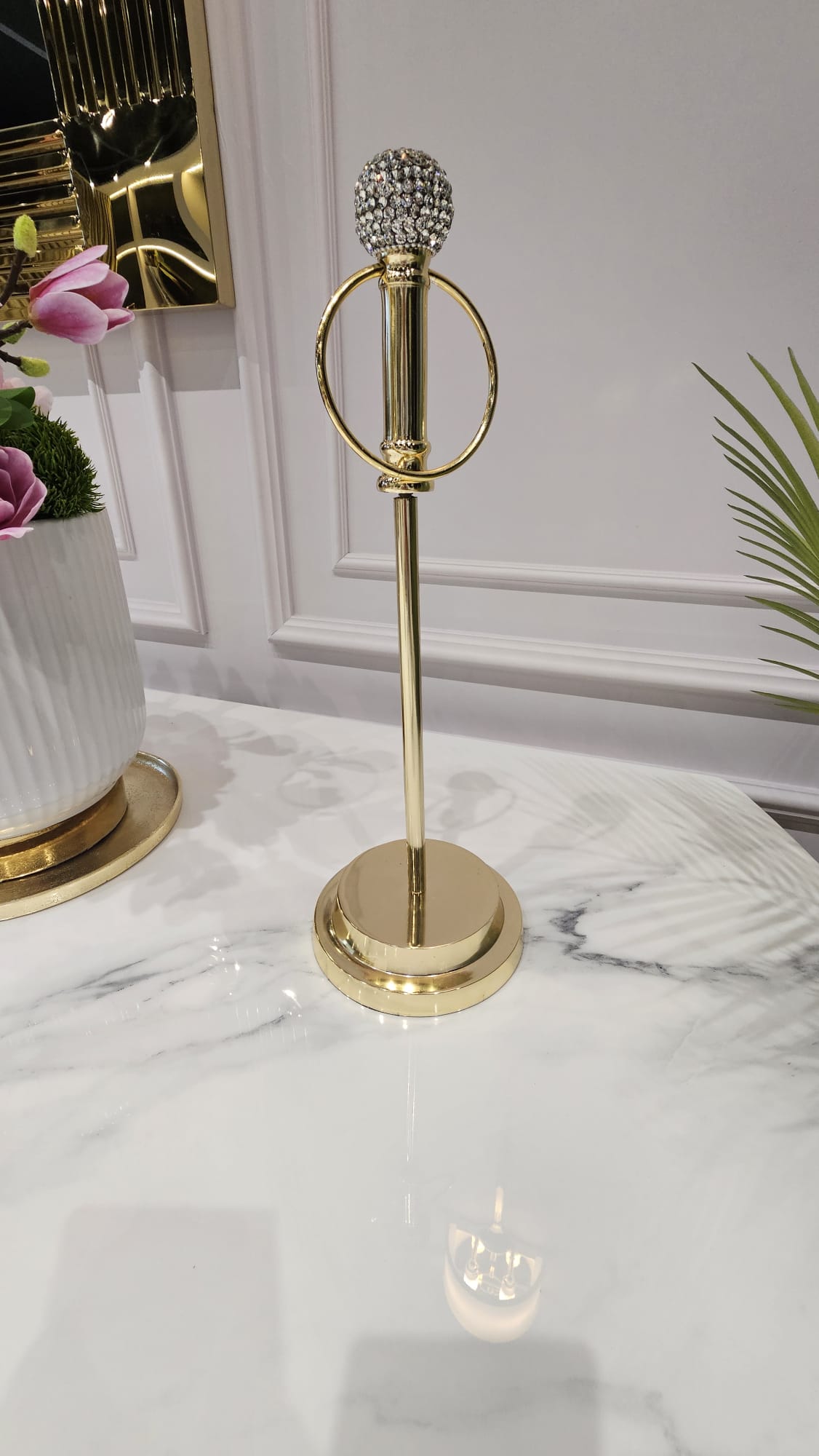 STOJAK NA RĘCZNIK PAPIEROWY złoty, z kryształową kulą, styl glamour