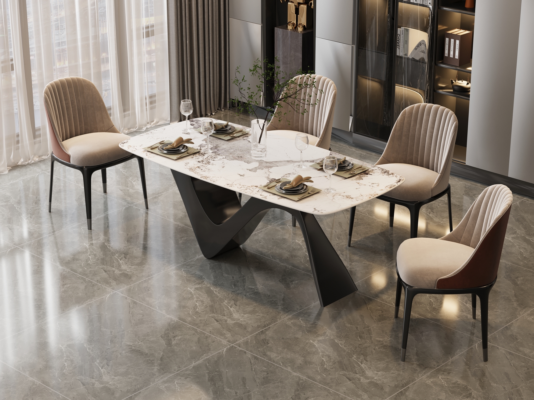 STÓŁ JADALNIANY na grafitowej, designerskiej podstawie ze stali nierdzewnej, biały blat ze spieku kamiennego, do salonu