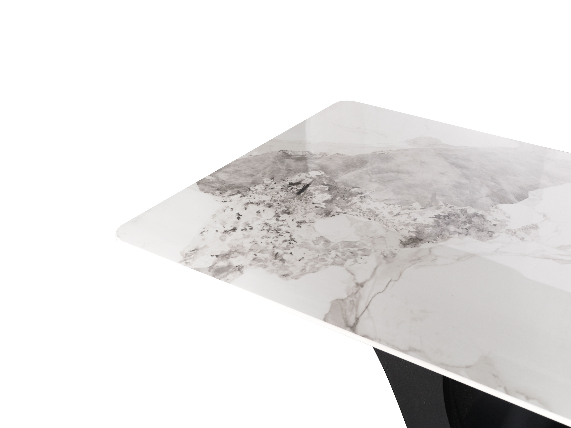 STÓŁ JADALNIANY na grafitowej, designerskiej podstawie ze stali nierdzewnej, biały blat ze spieku kamiennego, nowoczesny