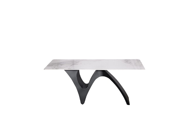 STÓŁ JADALNIANY na grafitowej, designerskiej podstawie ze stali nierdzewnej, biały blat ze spieku kamiennego