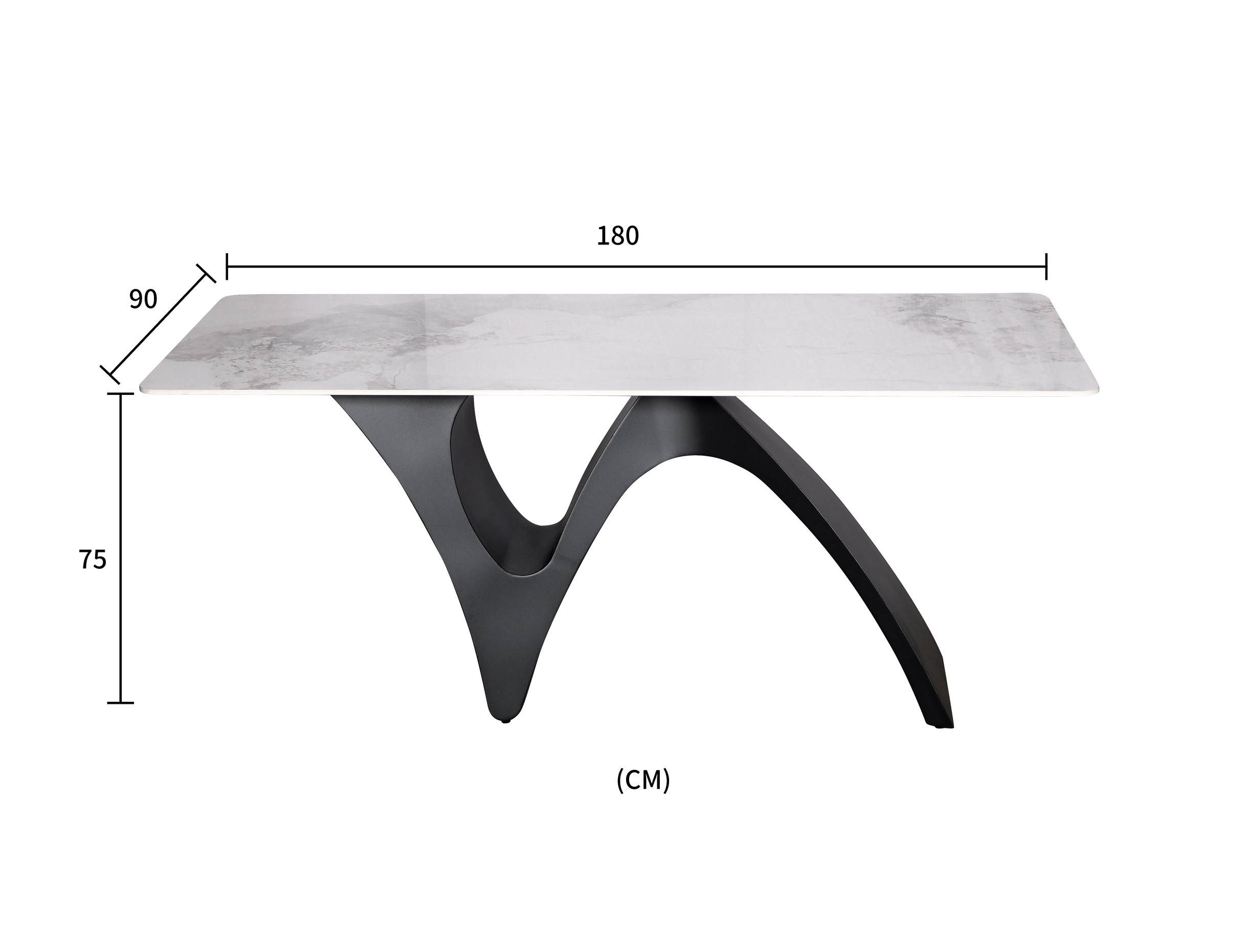STÓŁ JADALNIANY na grafitowej, designerskiej podstawie ze stali nierdzewnej, biały blat ze spieku kamiennego, wymiary