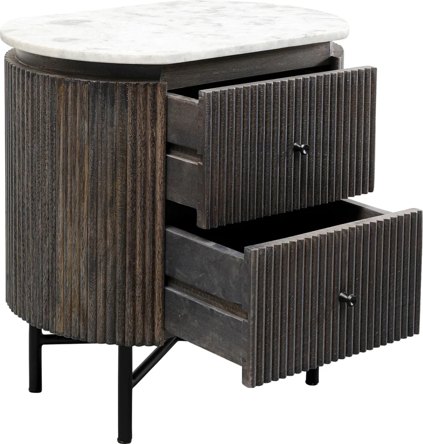 SZAFKA NOCNA Glenn z szufladami, metalowe nogi, ryflowany korpus, biały marmurowy blat, nowoczesny styl, piękna